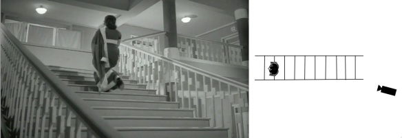 The dolly track at last ends at the base of the staircase, holding the shot after Waheeda leaves the stairs, underscoring the incredible emptiness of the space she inhabits.
