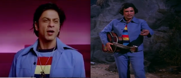 Shah Rukh Khan imitates Rajesh Khanna's unforgettable blue ensemble with a rainbow top in Om Shanti Om (2008).